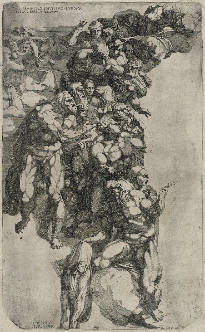 来自米开朗基罗斯最后审判的小组，由Domenico del Barbiere，1540-50刻 作者 Buonarroti之后的米开朗基罗