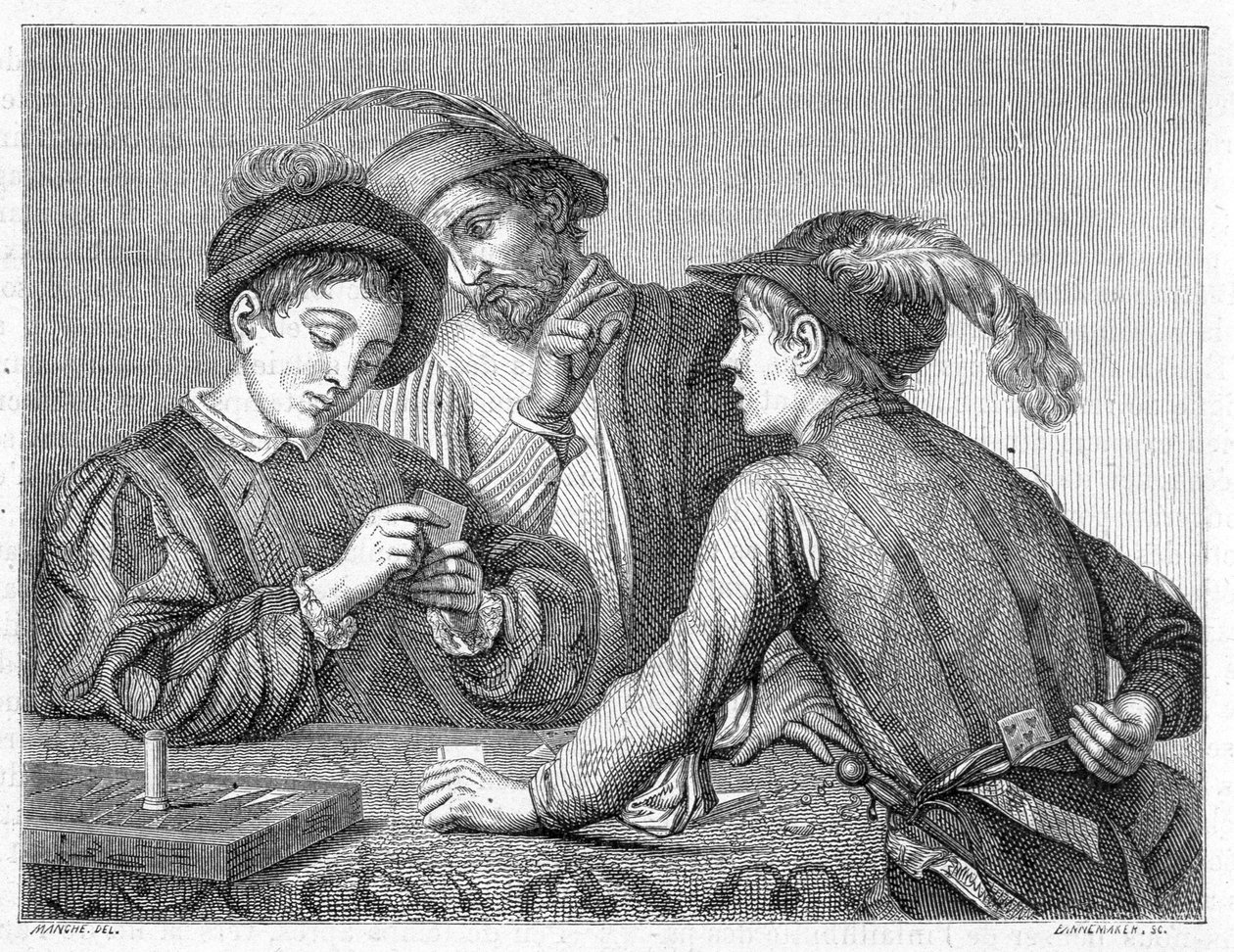 作弊者。19世纪的雕刻，描绘了卡拉瓦乔（il Caravaggio）1596年左右的作品。 作者 米开朗基罗（后）卡拉瓦乔