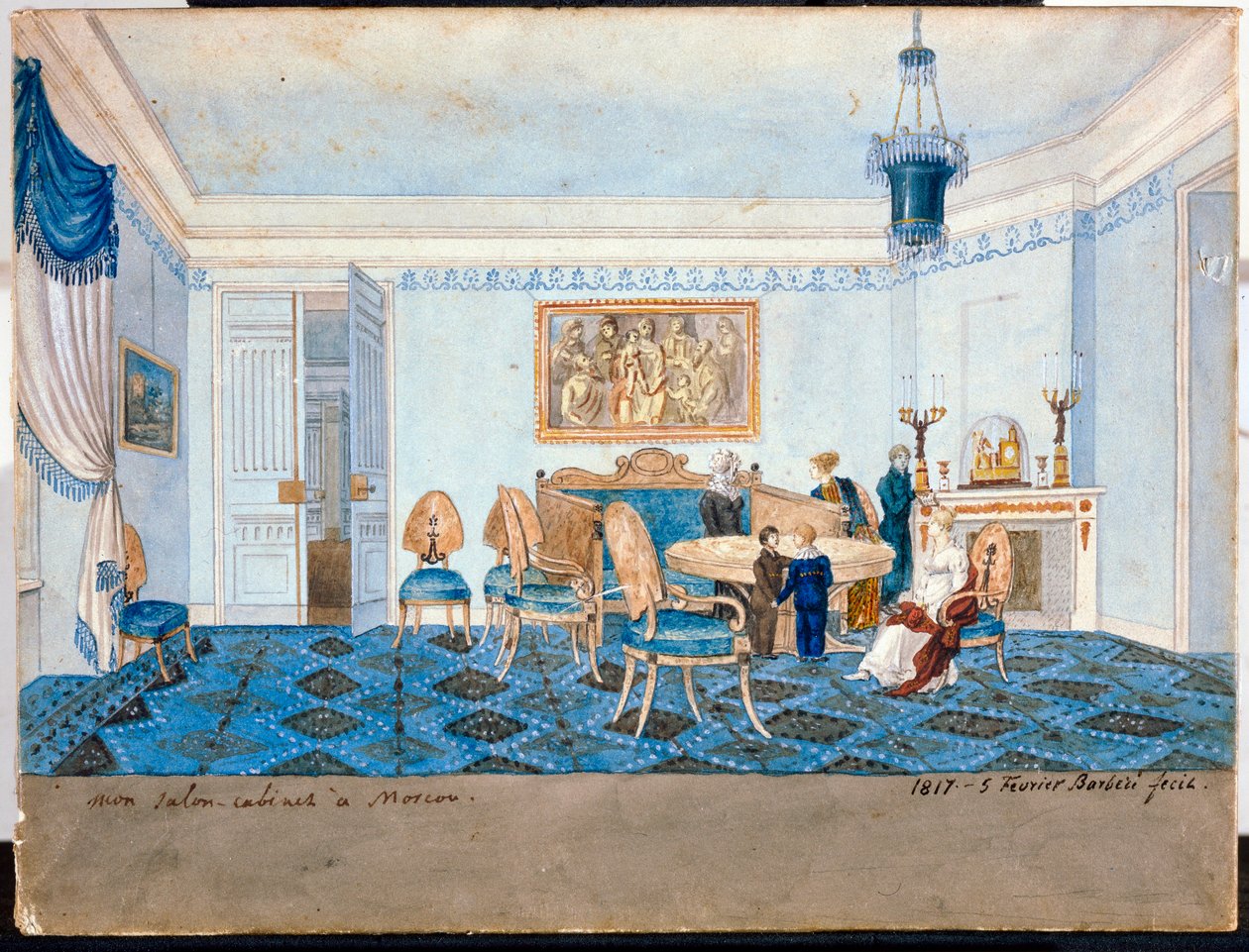 莫斯科日娜伊达-亚历山德罗芙娜-沃尔孔斯卡娅公主（1792-1862 年）府邸客厅景观 - 米开朗基罗-巴尔贝里（19 世纪初活跃于莫斯科）的作品 作者 米开朗基罗·巴贝里（Michelangelo Barberi）