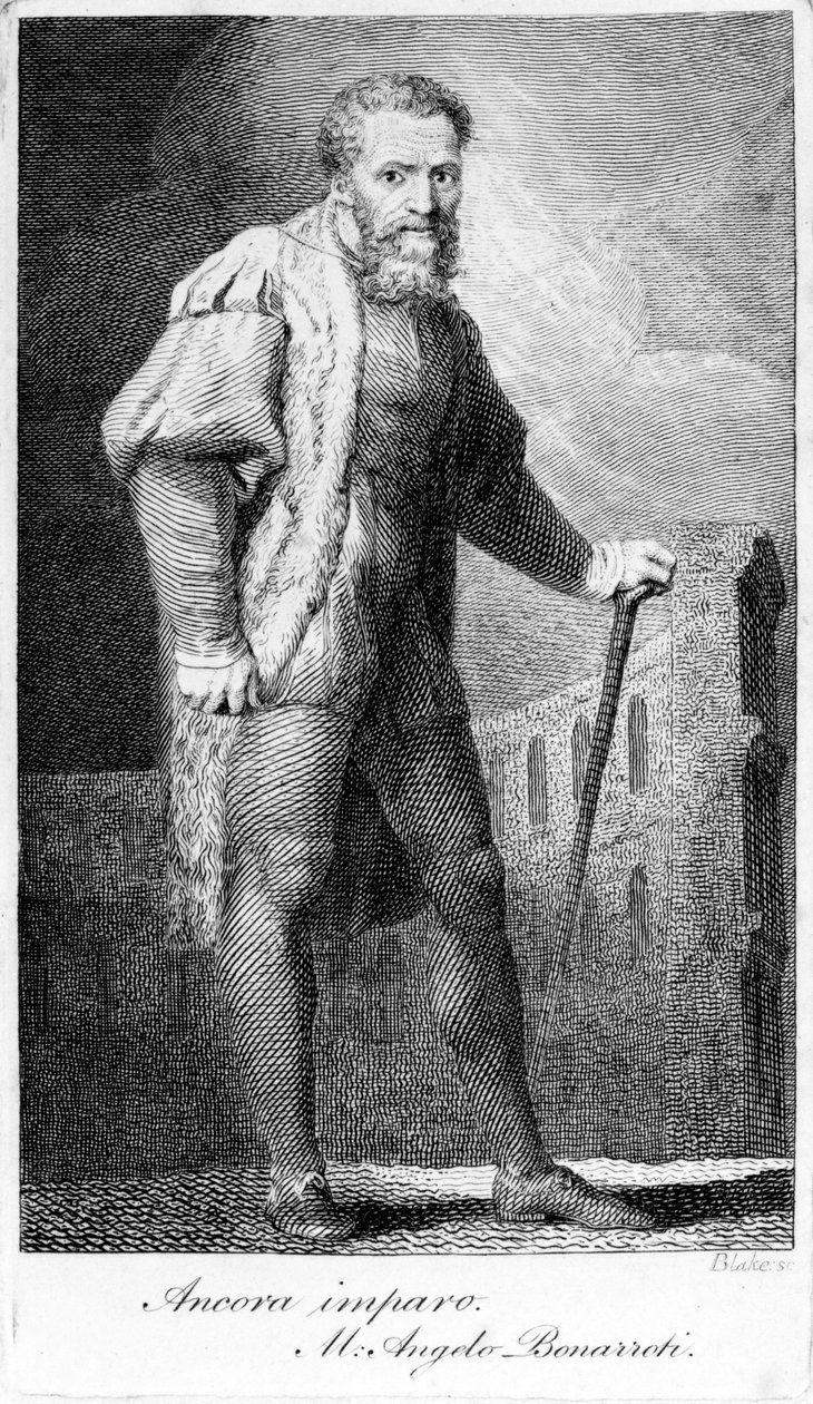 由William Blase雕刻的Ancora imparo，由Henry Fuseli撰写的“绘画讲座”插图，出版于1801年 作者 米开朗基罗（Michelangelo Buonarroti）