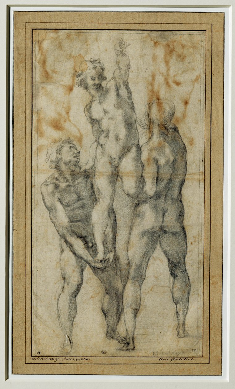 两个裸体男子抬起第三个人，约 1502-06 年... 作者 米开朗基罗（Michelangelo Buonarroti）
