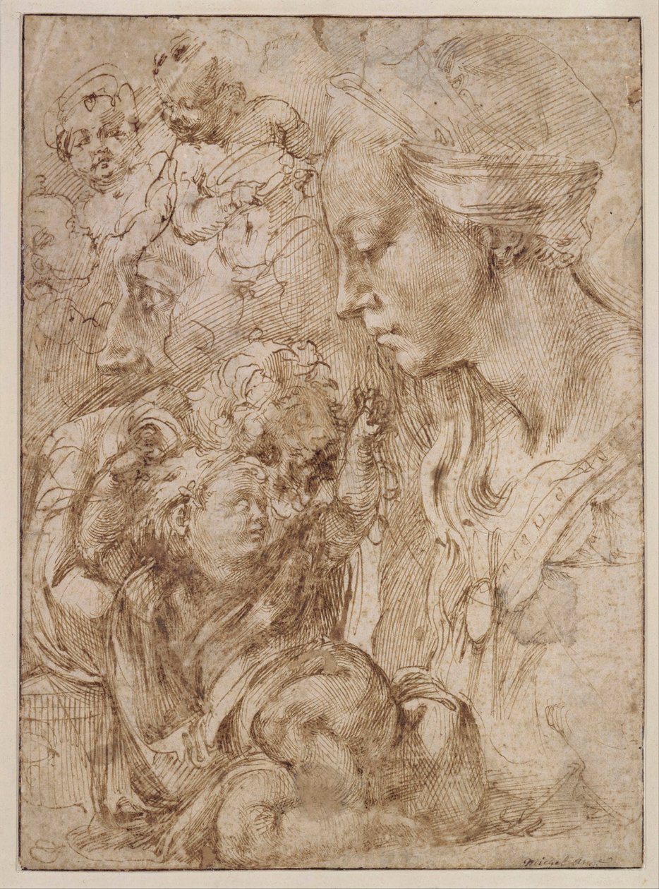 "Etude pour la sainte Famille avec saint Jean Baptiste enfant" (研究圣洁的家庭和施洗者约翰的孩子) Dessin de Michelangelo Buonarroti (1475-1564) - 1505 - Pen, brush, Indian ink on paper Dim 28.7x20.9 cm Staatliche Museen, Berlin 作者 米开朗基罗（Michelangelo Buonarroti）