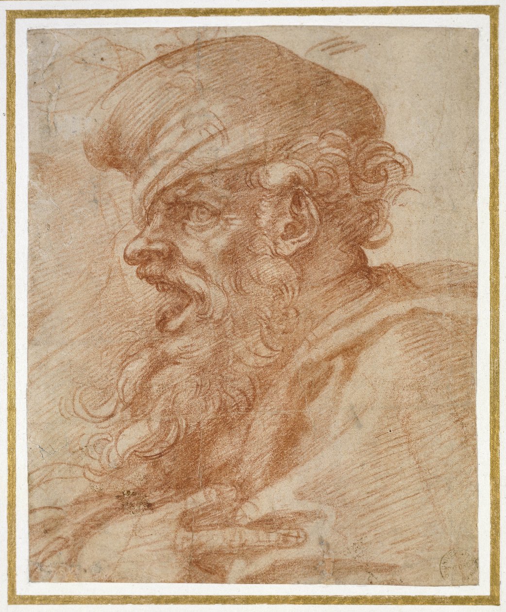 一个有胡子的人大喊大叫的头，c.1525（纸上的红色粉笔） 作者 米开朗基罗（Michelangelo Buonarroti）