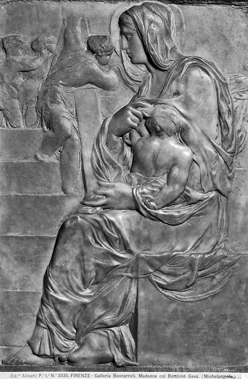 圣母玛利亚与圣母玛利亚（大理石）（Madonna and Child with the Madonna della Scala）。 作者 米开朗基罗（Michelangelo Buonarroti）