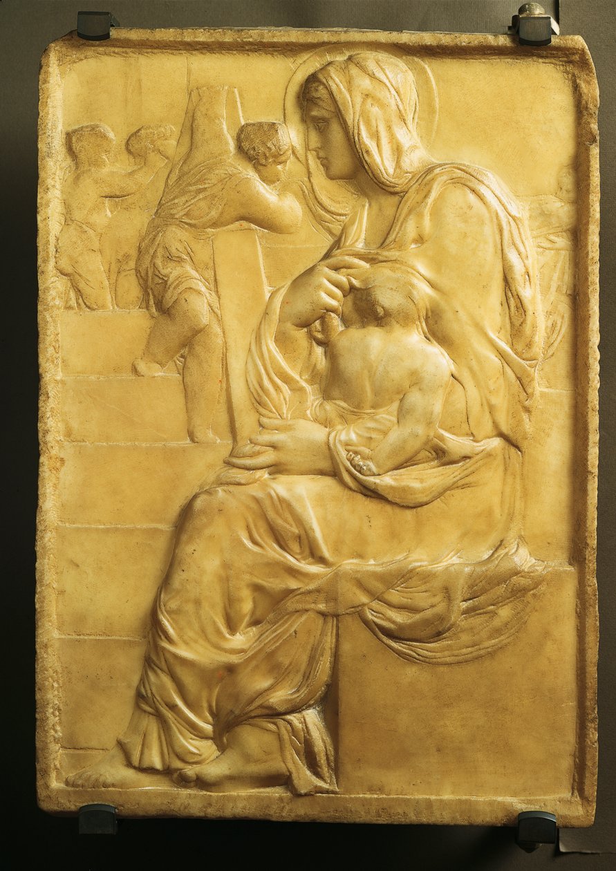 米开朗基罗（1475-1564）的《楼梯上的圣母》。 作者 米开朗基罗（Michelangelo Buonarroti）