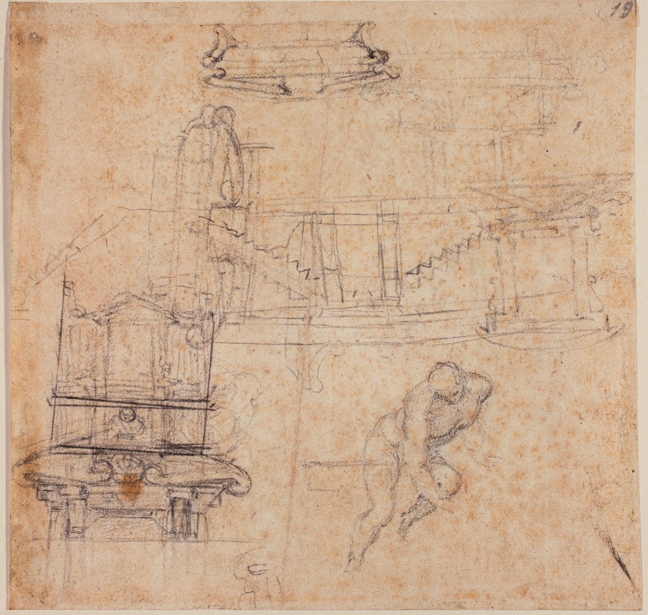 杂项研究、施洗者圣约翰、坟墓和建筑草图 作者 米开朗基罗（Michelangelo Buonarroti）