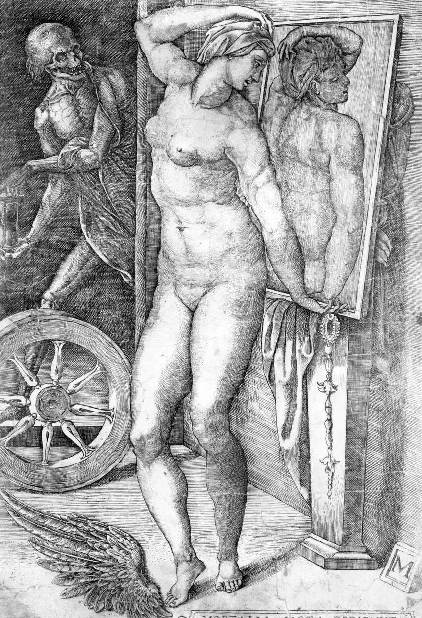 Nude在镜子里看着自己，由Monogrammist制作 作者 米开朗基罗（Michelangelo Buonarroti）