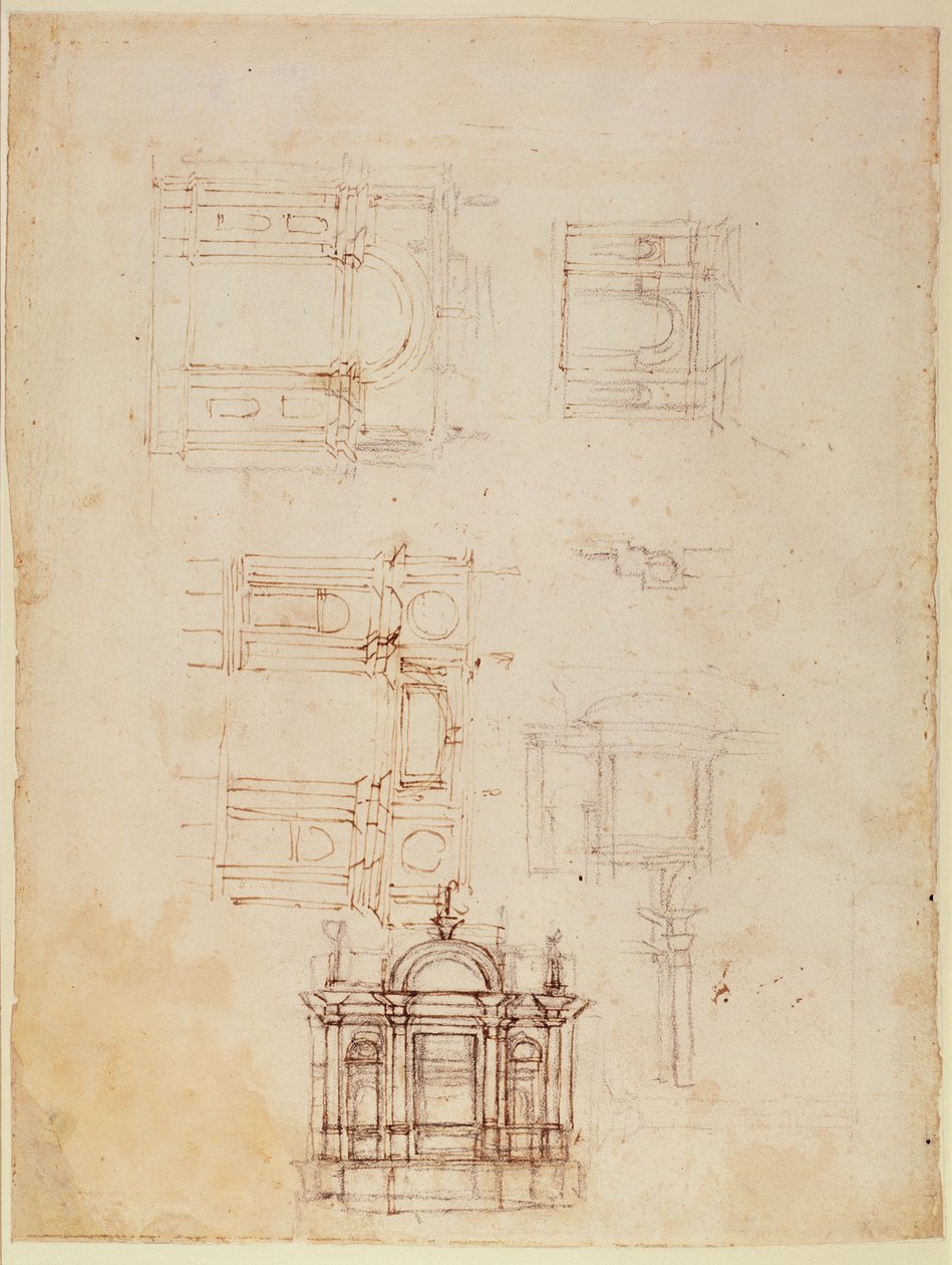 以凯旋门形式进行的建筑构图研究，c.1516（纸上用黑色粉笔和棕色墨水）（正面）（参见191776） 作者 米开朗基罗（Michelangelo Buonarroti）