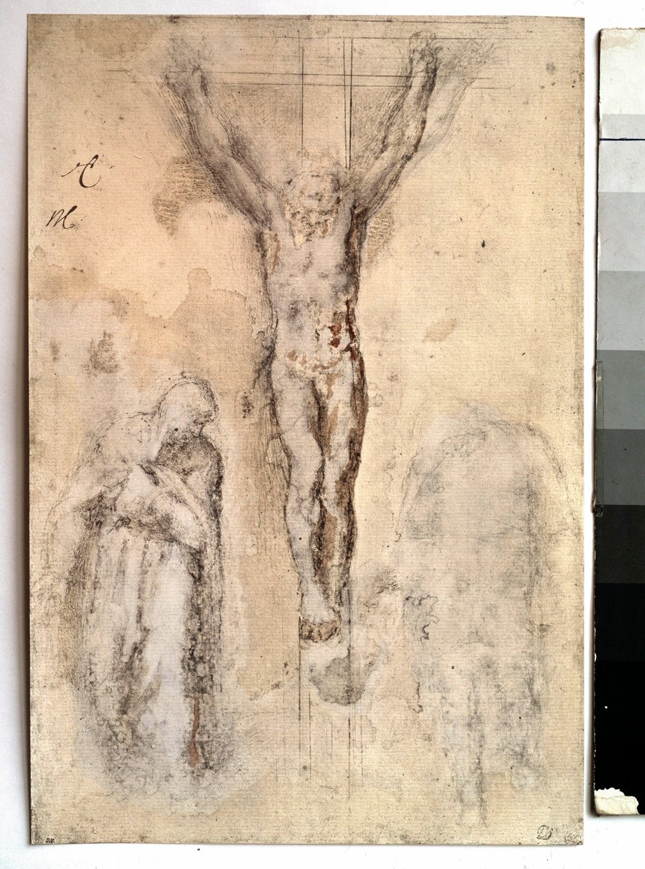 与圣母和圣约翰一起研究基督在十字架上的受难表现。 Michelangelo Buonarroti dit Michelangelo (Michelangelo or Michel Ange) 的绘画 作者 米开朗基罗（Michelangelo Buonarroti）