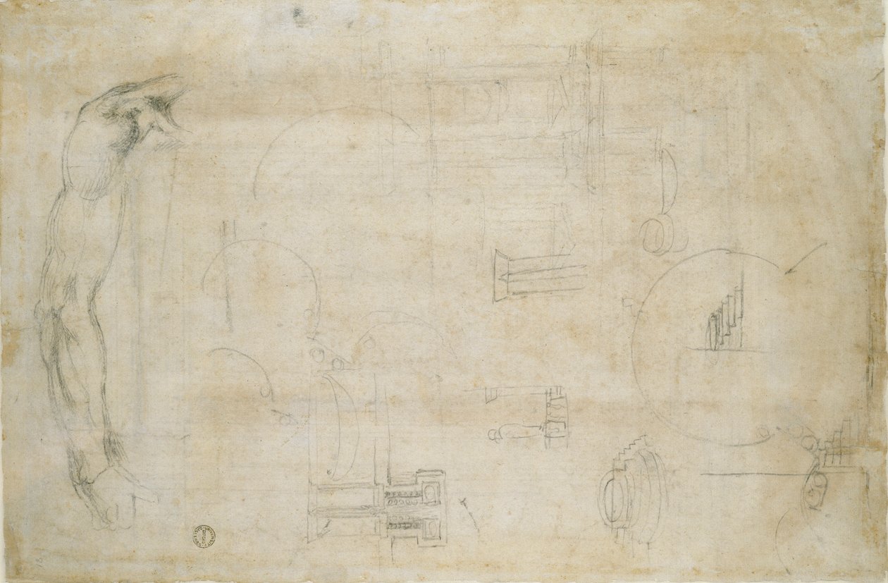 一个人的手臂研究和一些建筑草图，约1490-1560年 作者 米开朗基罗（Michelangelo Buonarroti）