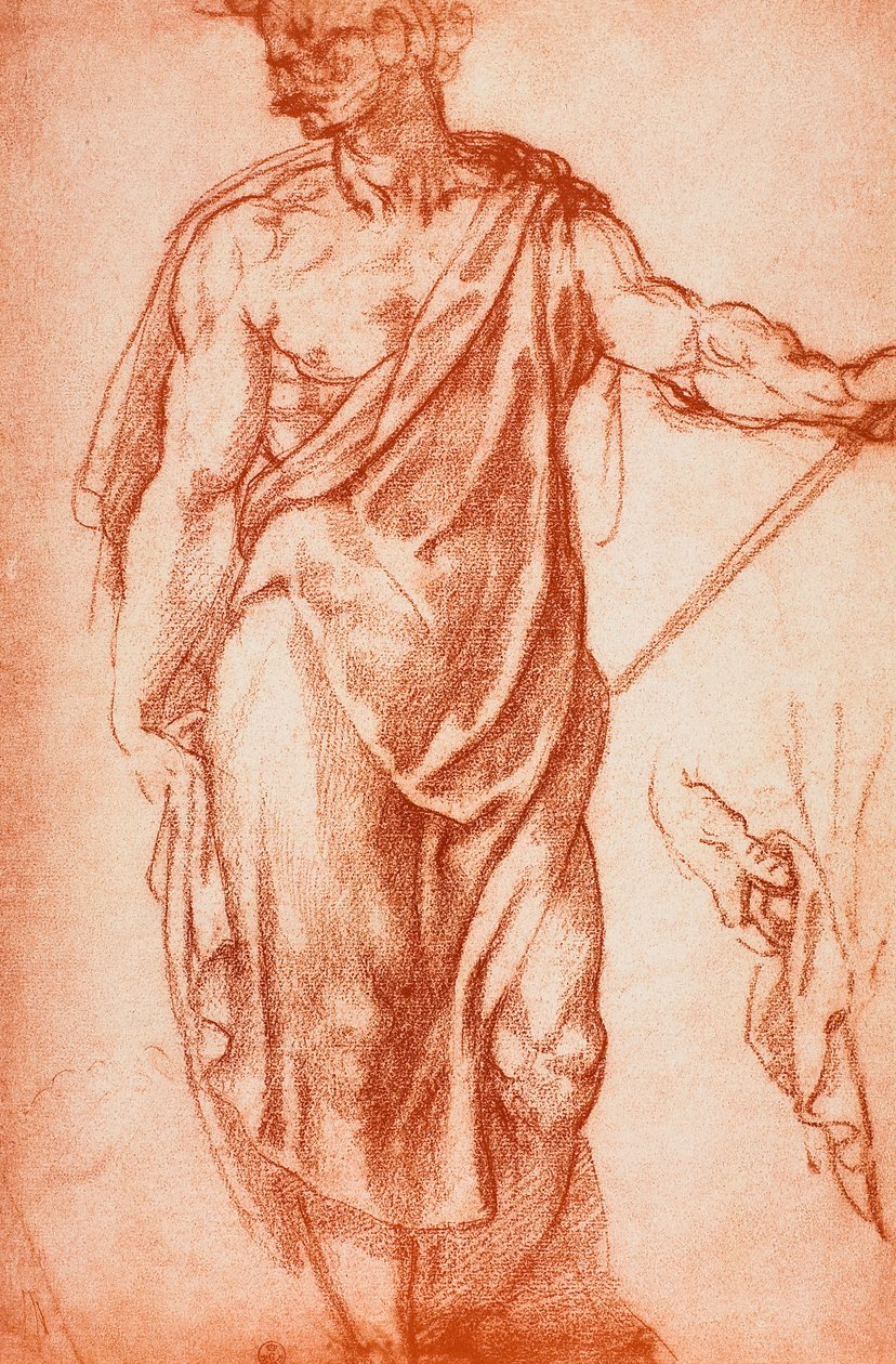研究一个垂褶的男性形象;莱昂纳多达芬奇画的。内阁图纸和版画，乌菲齐画廊，佛罗伦萨 作者 米开朗基罗（Michelangelo Buonarroti）