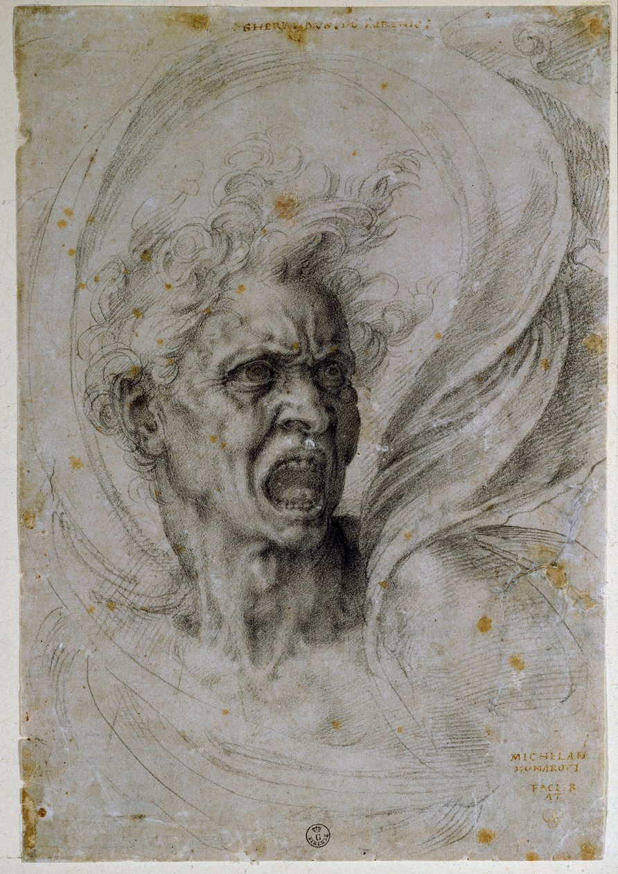 研究一个尖叫的人的头。 米开朗基罗·博纳罗蒂 (Michelangelo Buonarroti) 的绘画，被称为 Michel Ange 或 Michelangelo 或 Michelangelo (1475-1564)。 佛罗伦萨，乌菲齐博物馆（佛罗伦萨，乌菲齐版画和素描部）。 作者 米开朗基罗（Michelangelo Buonarroti）