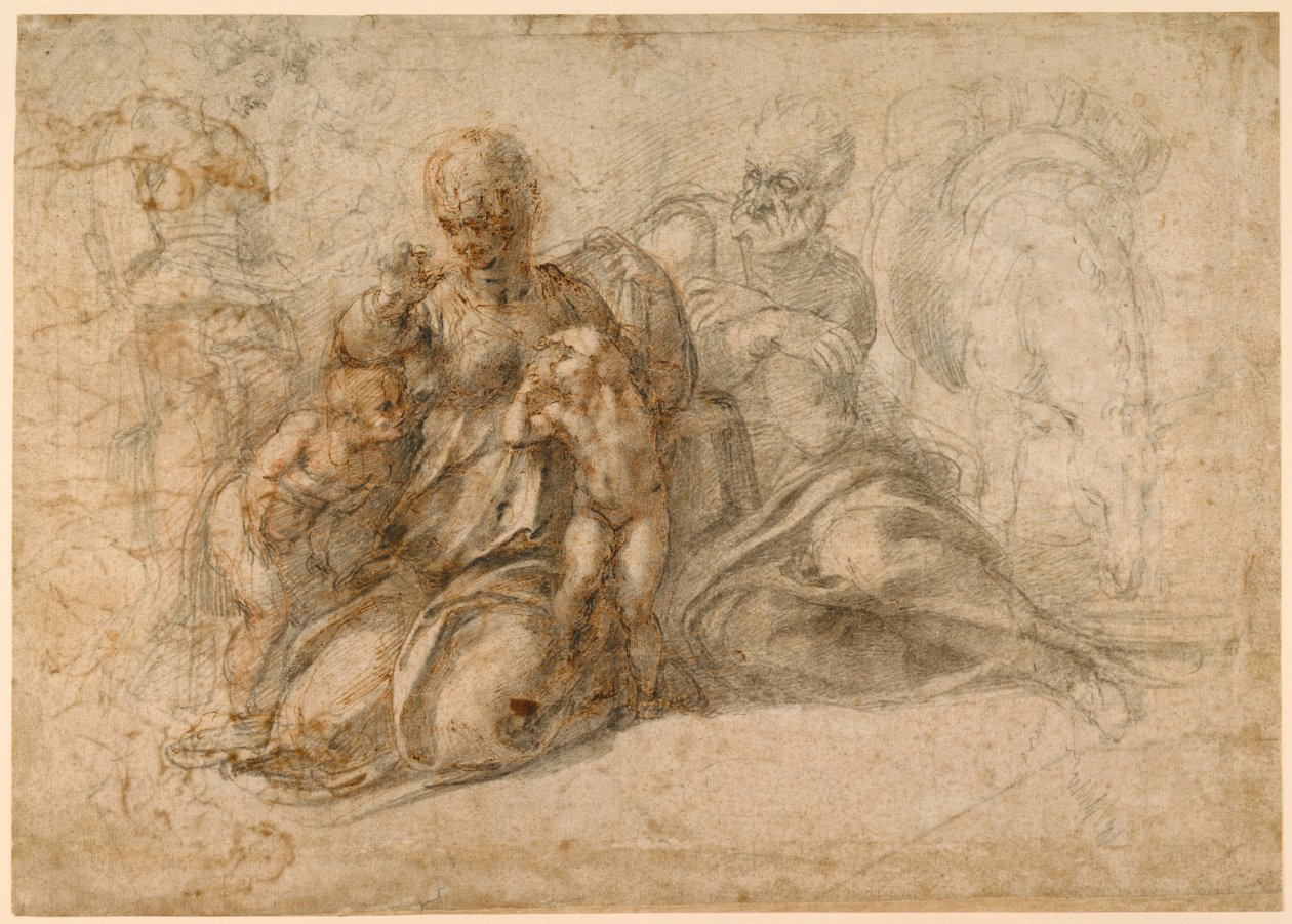神圣家族（直系）; Amorous Putti（verso）c。 1530 作者 米开朗基罗（Michelangelo Buonarroti）
