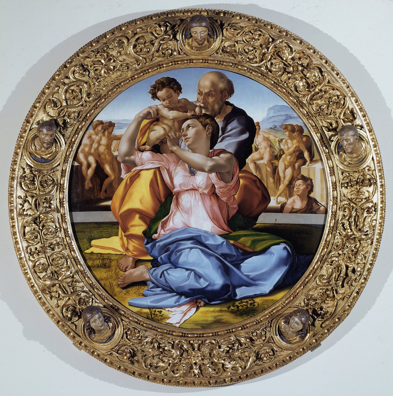 东多尼：有施洗者圣约翰孩子的神圣家庭--板上油画 作者 米开朗基罗（Michelangelo Buonarroti）