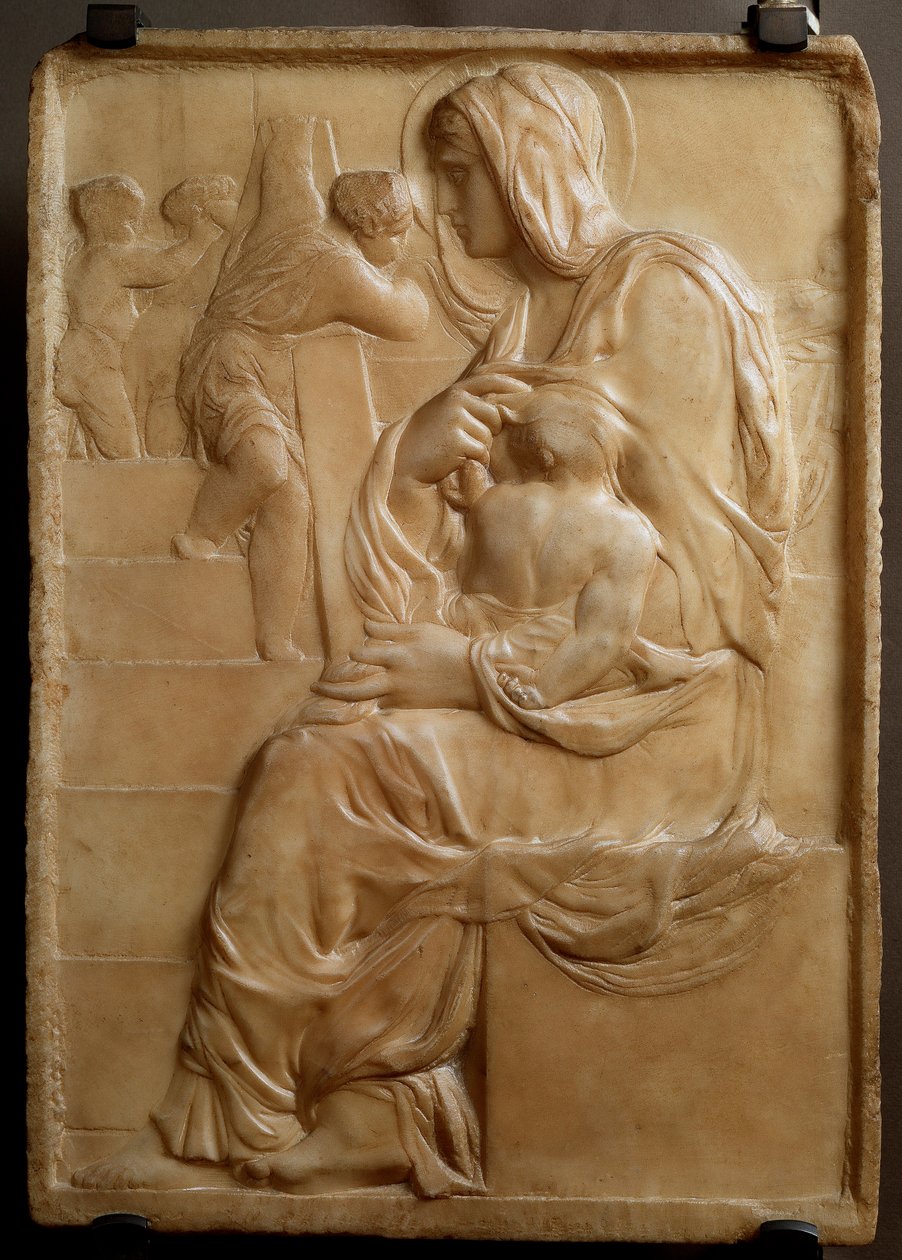 楼梯上的圣母（Madonna della Scala）米开朗基罗-布纳罗蒂（Michelangelo Buonarroti）的低位大理石浮雕，米开朗基罗或米开朗基罗（Michelangelo）。 作者 米开朗基罗（Michelangelo Buonarroti）