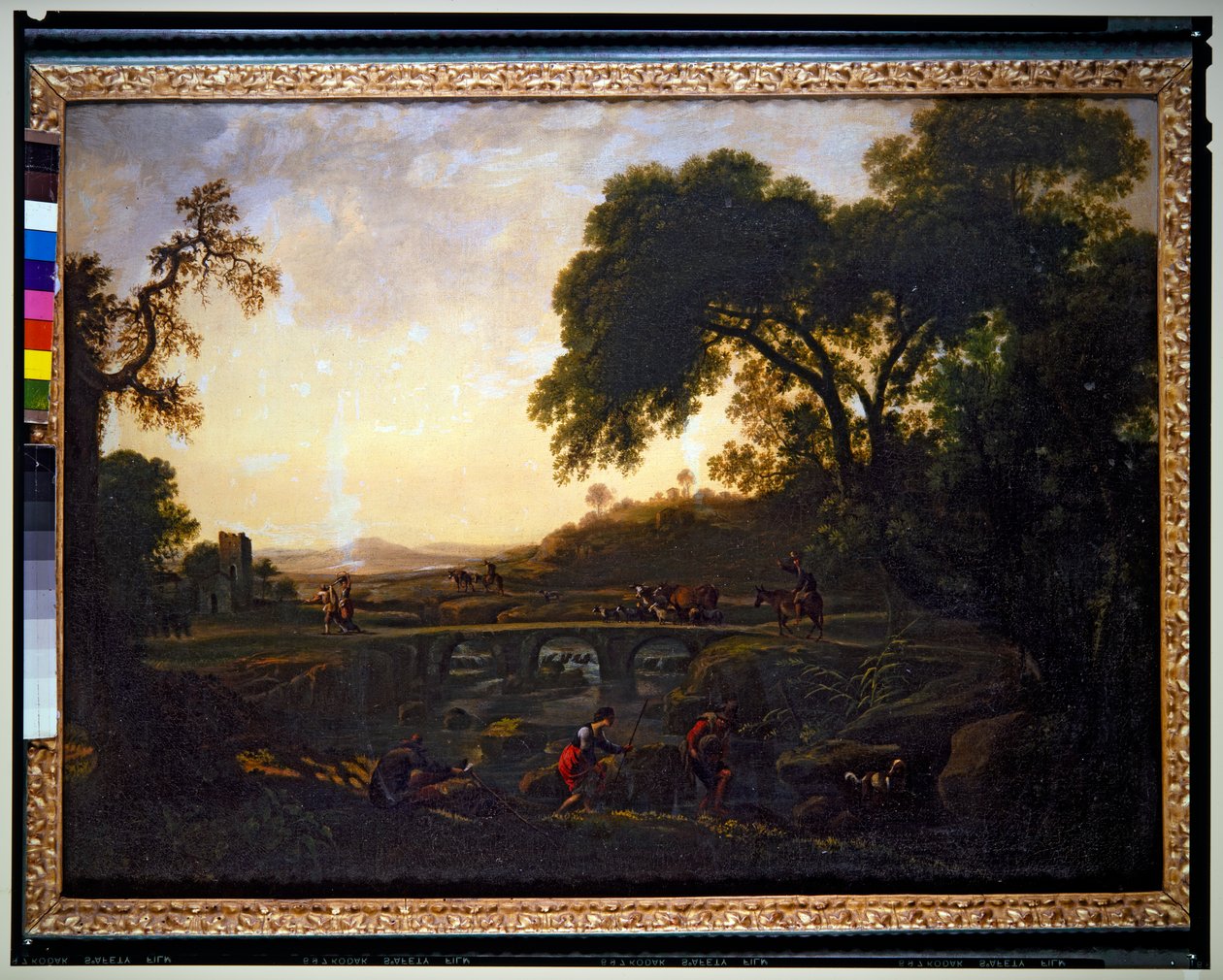有桥、农民和牛羊的风景（帆布） 作者 米开朗基罗·塞奎兹（Michelangelo Cerquozzi）
