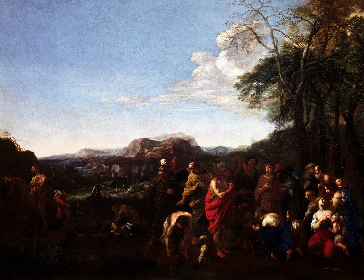 施洗者约翰的布道，由米开朗基罗-瑟科齐（Michelangelo delle Battaglie，1602-1660）创作，布面油画，76x100厘米。 作者 米开朗基罗·塞奎兹（Michelangelo Cerquozzi）