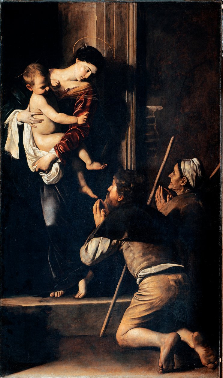 Madonna dei pellegrini also known as Madonna di Loreto (Madonna des Pelerins or Madonna de Lorette). Painting by Michelangelo Merisi dit Il Caravaggio (The Caravaggio) (1571-1610) 1603-1605 Dim. 260x150 cm Rome, Chiesa di Sant 