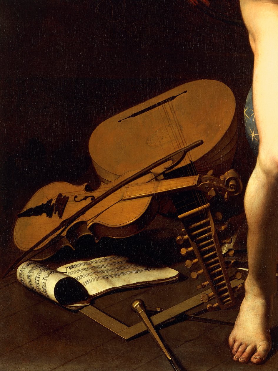 乐器的表现，Amor Victorious 的细节，c.1602（布面油画） 作者 米开朗基罗·梅里西·达·卡拉瓦乔