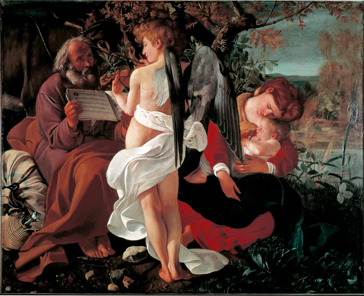 在飞往埃及的途中休息 米开朗基罗·梅里西 (Michelangelo Merisi) 的绘画说 il Caravaggio (The Caravaggio) (1571-1610) 约 1590 年。 太阳。 130x160 厘米罗马广场多利亚潘菲利 作者 米开朗基罗·梅里西·达·卡拉瓦乔