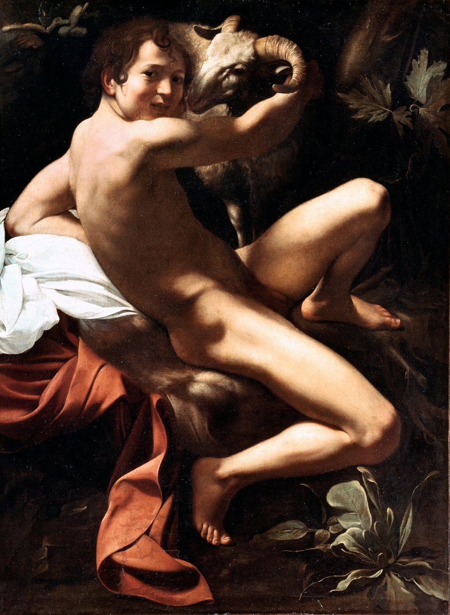 米开朗基罗·梅里西（Michelangelo Merisi）的沙漠中的施洗者圣约翰画作《卡拉瓦乔》或《卡拉瓦乔》（1571-1610）1609 年太阳。 159x124 厘米罗马，博尔盖塞美术馆 作者 米开朗基罗·梅里西·达·卡拉瓦乔