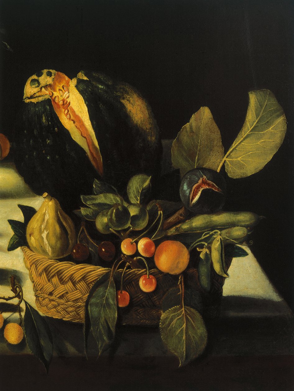 有鲜花和水果的静物，哈特福德静物大师，c.1600-10（布面油画）（细节 507174） 作者 米开朗基罗·梅里西·达·卡拉瓦乔