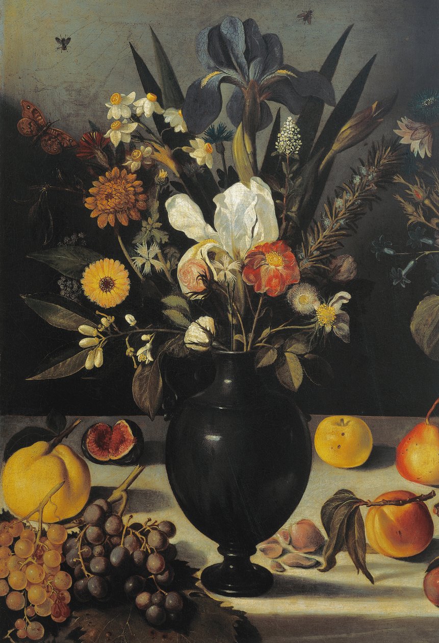 花卉和水果静物，哈特福德静物大师，约1600-10（布面油画）（507174的细节）。 作者 米开朗基罗·梅里西·达·卡拉瓦乔