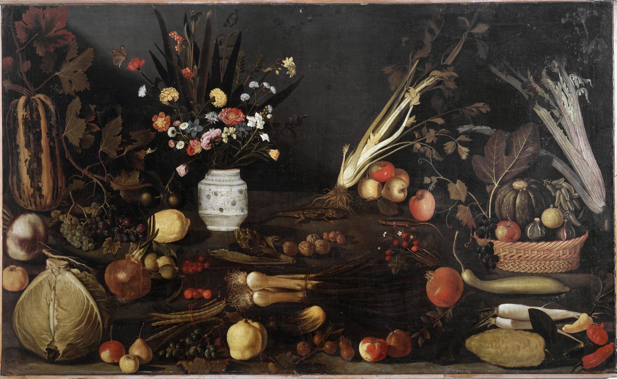 花卉和水果的静物--布面油画 约1590年 作者 米开朗基罗·梅里西·达·卡拉瓦乔