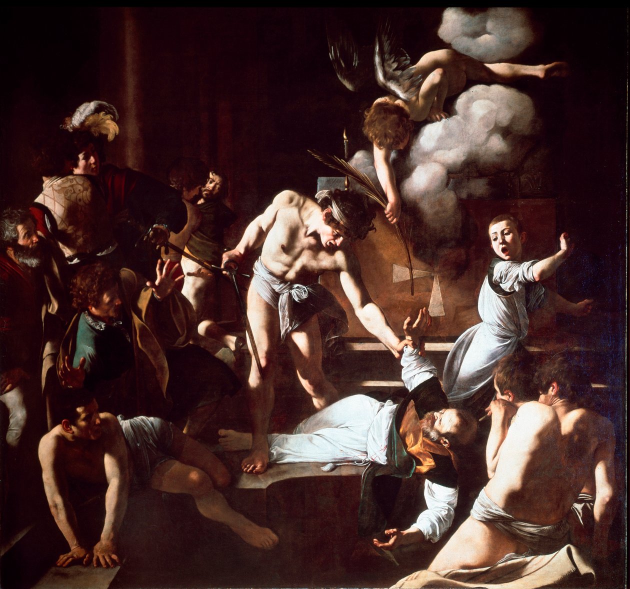 米开朗基罗·梅里西·达·卡拉瓦乔（Michelangelo Merisi da Caravaggio）的《圣马修殉难》画作《卡拉瓦乔》（1571-1610）1600 年太阳。 323 x 343 cm Chapel Contarelli，San Luigi dei Francesi（法国圣路易斯教堂），罗马 作者 米开朗基罗·梅里西·达·卡拉瓦乔