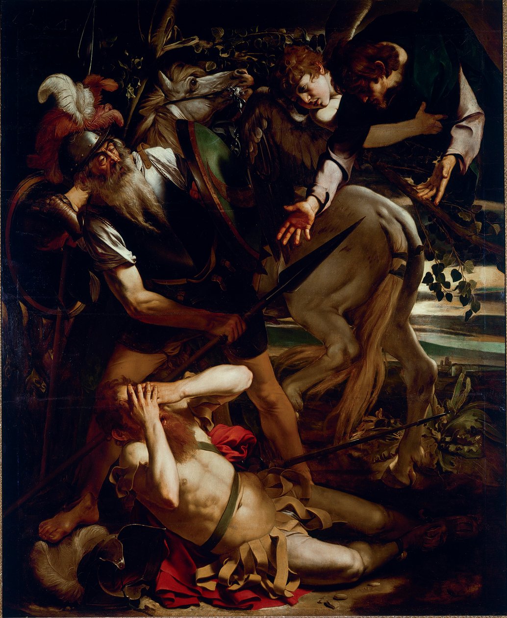 圣保罗的皈依。 米开朗基罗梅里西的绘画 dit Il Caravaggio (The Caravaggio) (1571-1610) 1594-1596 Dim.237x189 cm Odescalchi Balbi 收藏，罗马 - 圣保罗的转变，米开朗基罗梅里西又名 Il Caravaggio (161071-161071)。 油 作者 米开朗基罗·梅里西·达·卡拉瓦乔