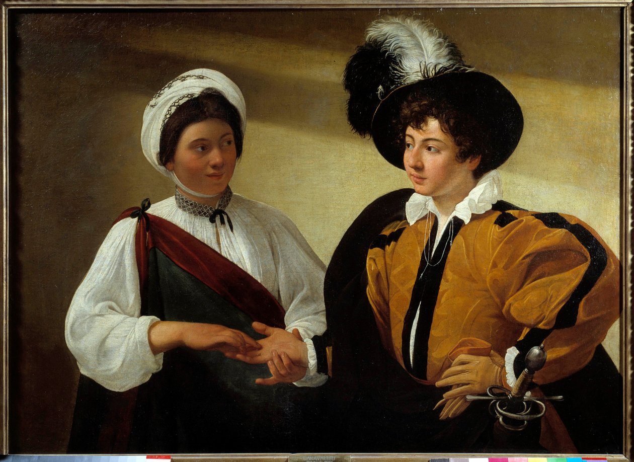 The fortune teller Painting by Michelangelo Merisi da Caravaggio called Le Caravaggio (circa 1571-1610) Sun. 0,99x1,31 m 作者 米开朗基罗·梅里西·达·卡拉瓦乔