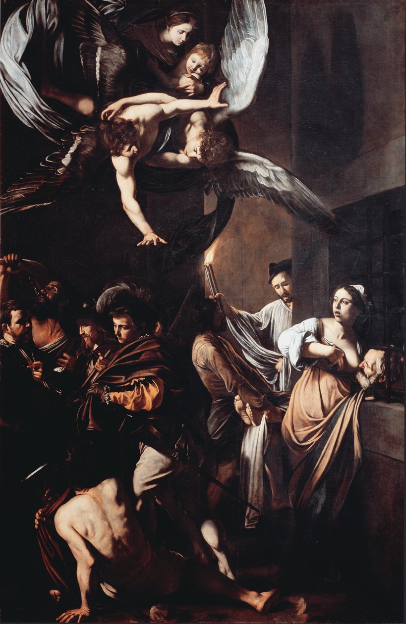 《悲惨世界》（Sette opere di misericordia）的七部作品。 Cimon 谴责在监狱中饿死他的女儿 Pero（罗马慈善机构）的乳房，而在背景中，一名男子手持火焰中的火炬取出尸体。 在顶部处女有 t 作者 米开朗基罗·梅里西·达·卡拉瓦乔