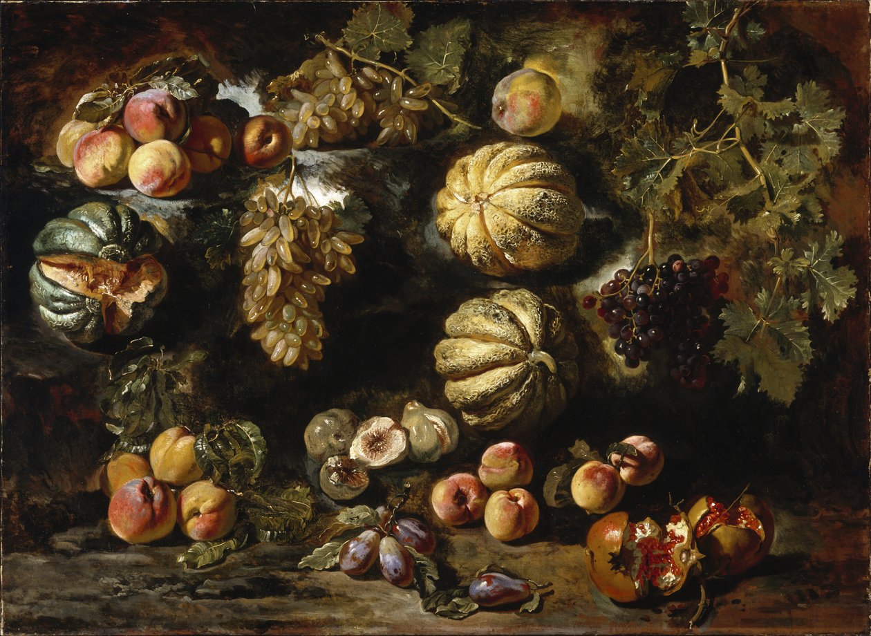 甜瓜，桃子，无花果和葡萄的静物，c。 1640-1650 作者 米歇尔·佩斯·坎皮多里奥