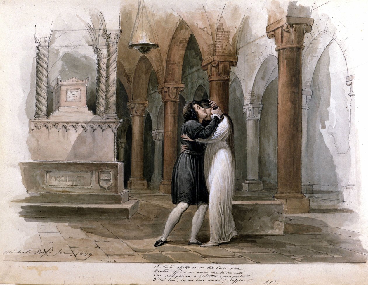 文森佐-贝利尼（Vincenzo Bellini）创作的《卡普莱特与蒙泰古》（I Capuleti e i Montecchi），威尼斯芬尼斯剧院演出。Giuditta Pasta 和 Giulia Grisi 表演《罗密欧与朱丽叶》。米歇尔-比西的水彩画 作者 米歇尔·比西