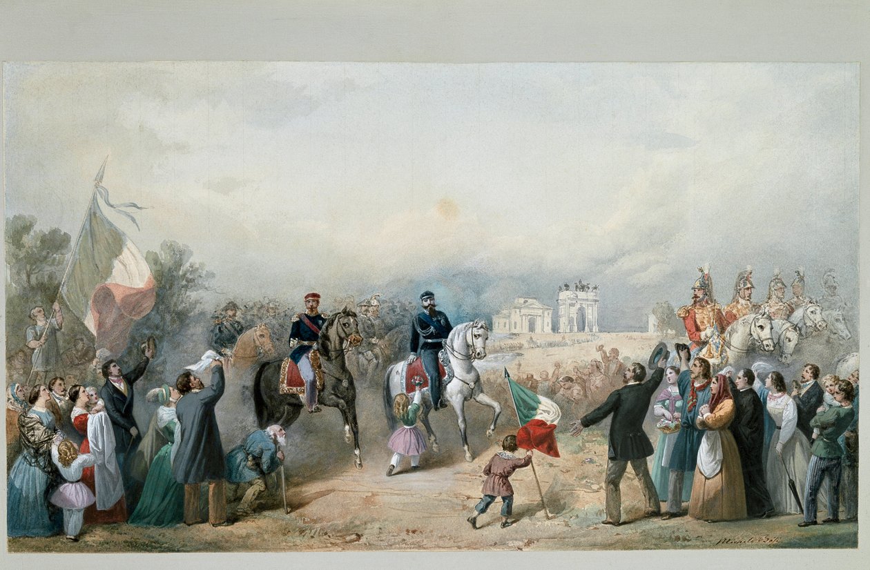 1859 年 6 月 8 日撒丁岛国王维托里奥-埃马努埃莱二世和拿破仑三世在米兰的凯旋门（水彩画 作者 米歇尔·比西