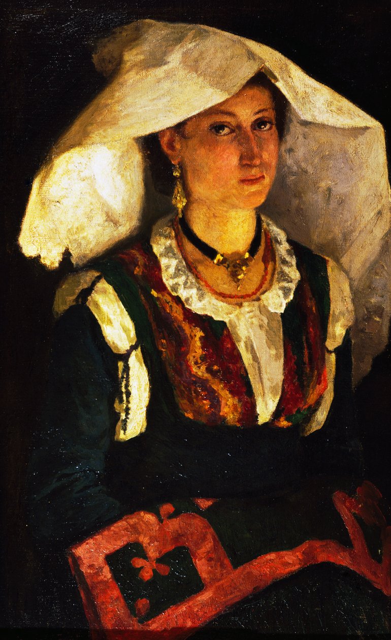 身着撒丁岛服装的女人，约 1875 年，米歇尔·卡马拉诺（Michele Cammarano，1835-1920 年），布面油画。 作者 米歇尔·坎马拉诺（Michele Cammarano）