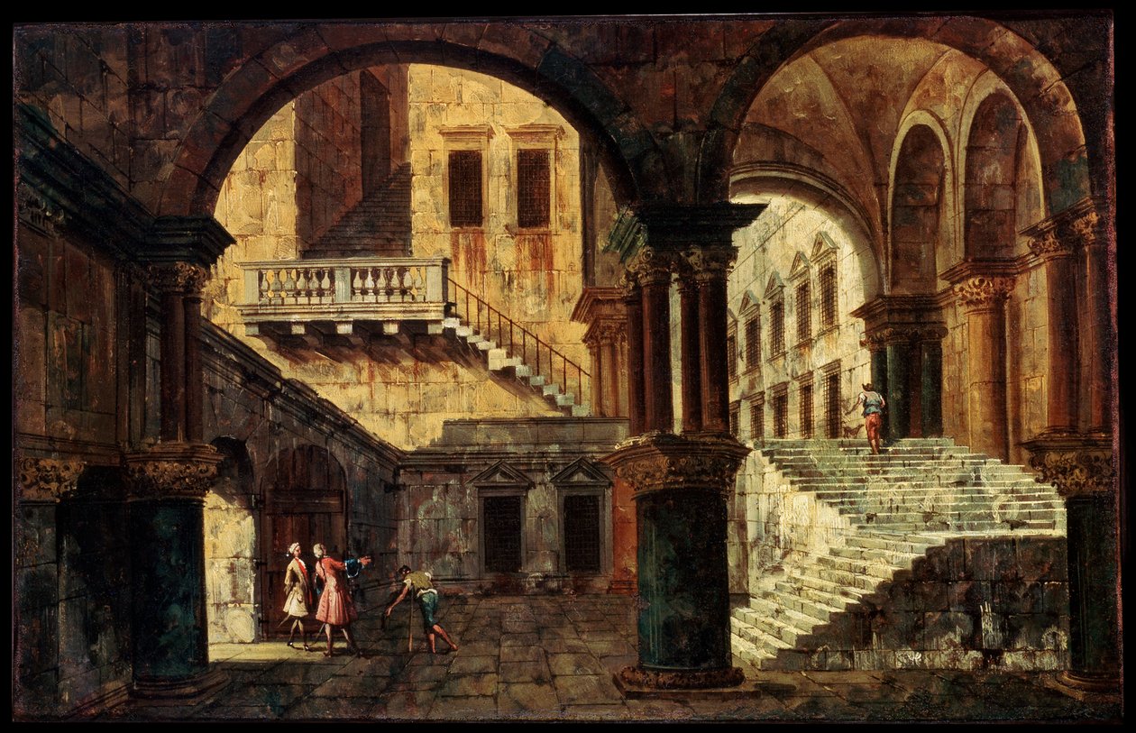 带楼梯的庭院，1730年代 作者 米歇尔·玛丽埃斯基（Michele Marieschi）