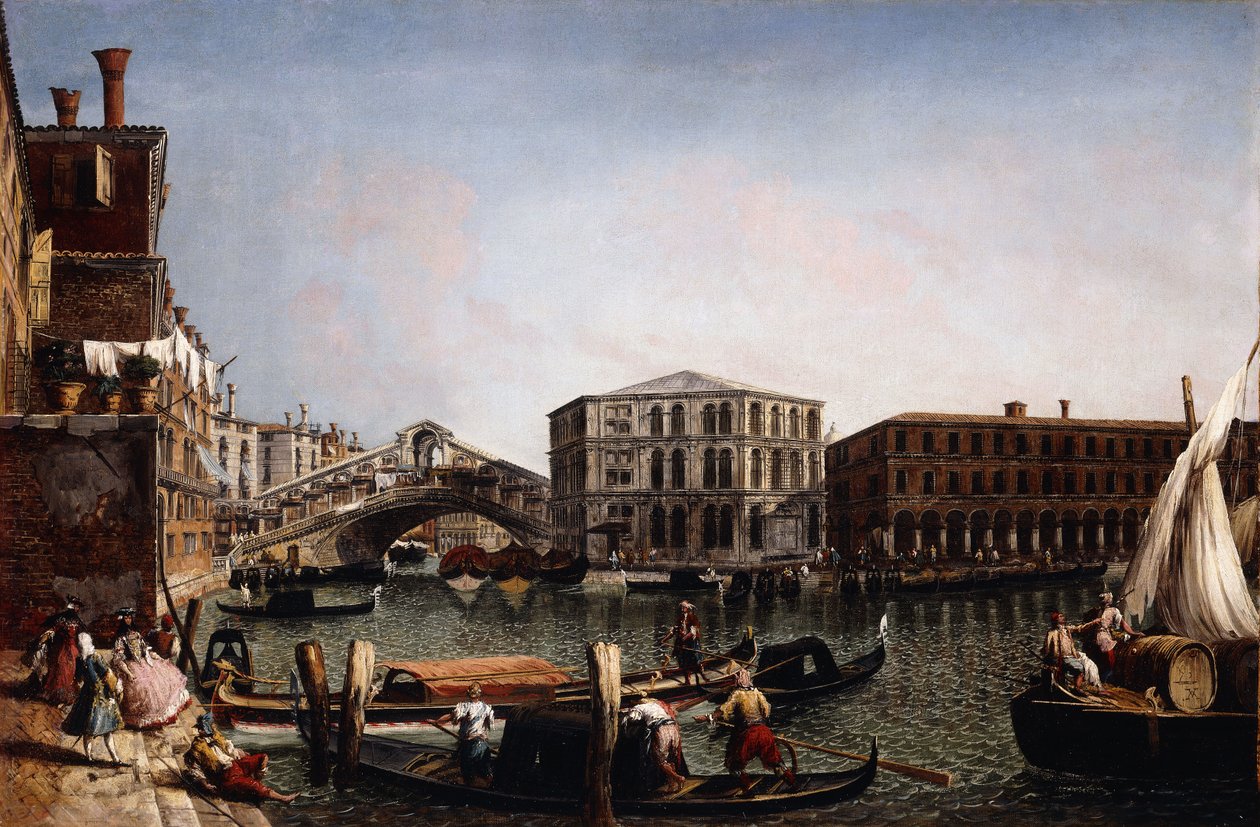 威尼斯的里亚托桥（Rialto Bridge）和前景中的Fondaco dei Tedeschi 作者 米歇尔·玛丽埃斯基（Michele Marieschi）