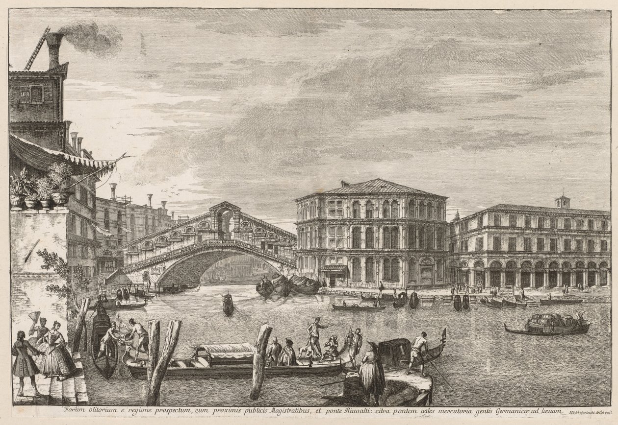 威尼斯的景色：里亚托桥和市场，1741年。 作者 米歇尔·玛丽埃斯基（Michele Marieschi）
