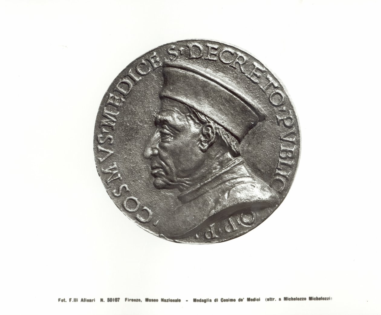 科西莫-德-美第奇（1389-1463）奖章（青铜）（黑白照片）。 作者 Michelozzo di Bartolommeo (attr.to)