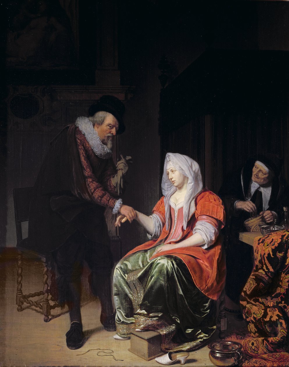 医生采取一个年轻女子的脉搏 作者 米歇尔·范·穆瑟（Michiel van Musscher）