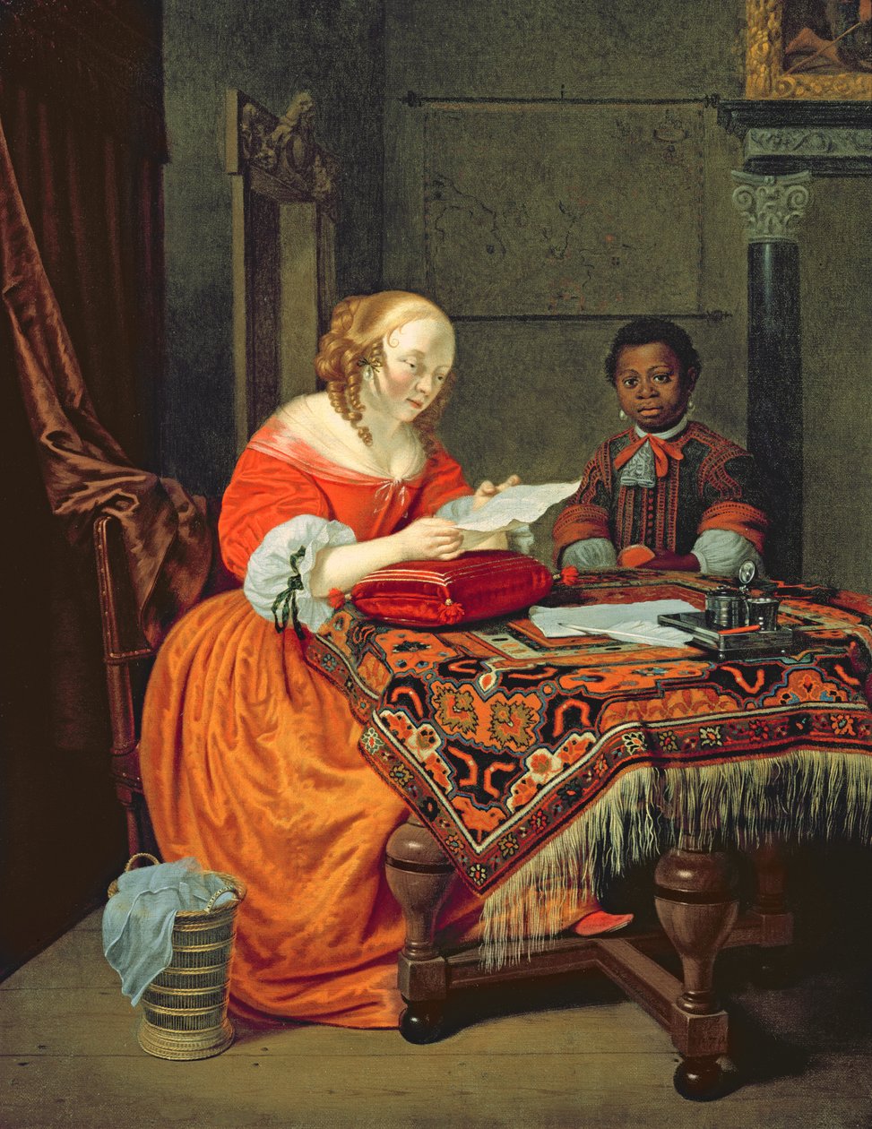一个女人在读信，旁边有一个黑人在听，1670年 作者 米歇尔·范·穆瑟（Michiel van Musscher）
