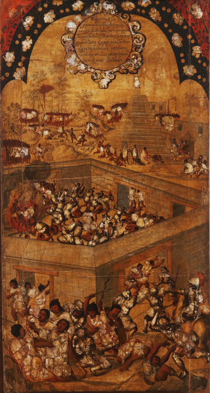 征服墨西哥》，面板 VII，约 1696-1715 年（木板上的颜料） 作者 米格尔·冈萨雷斯