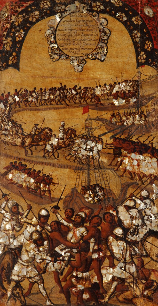 征服墨西哥，第二十一板块，约1696-1715（木板画） 作者 米格尔·冈萨雷斯