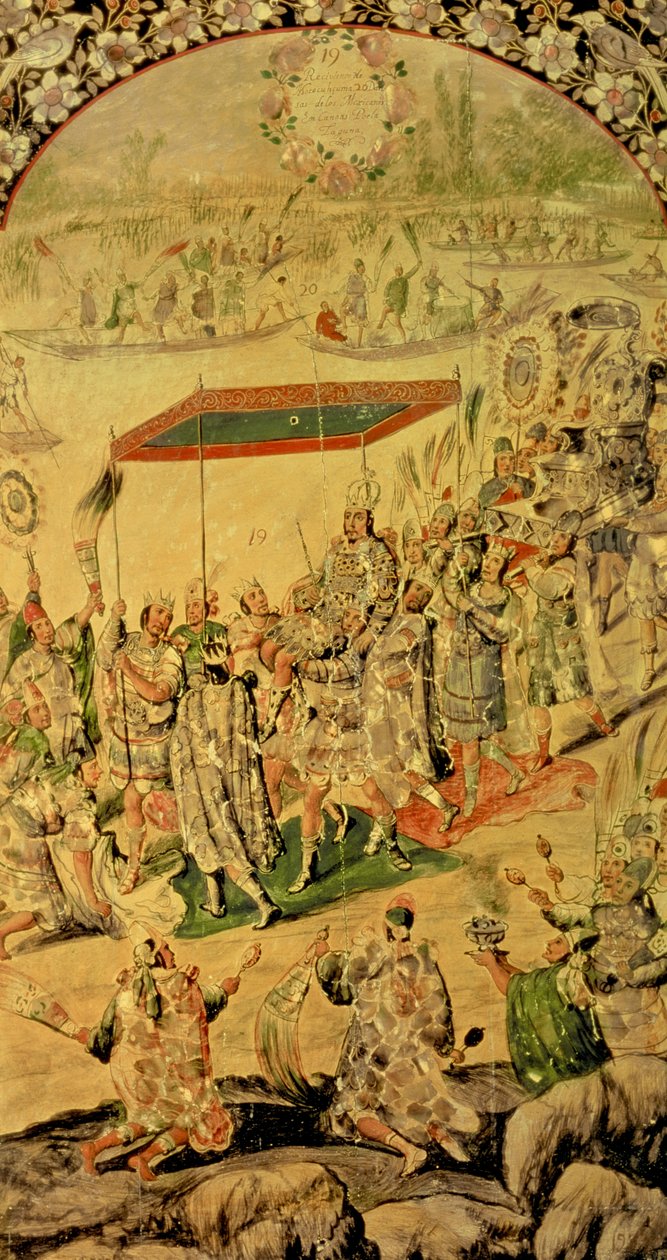 描绘Hernando Cortes（1485-1547）和Montezuma（1466-1520）之间遭遇的一对小组中的一个：Montezuma及其追随者，1698 作者 米格尔和胡安·冈萨雷斯