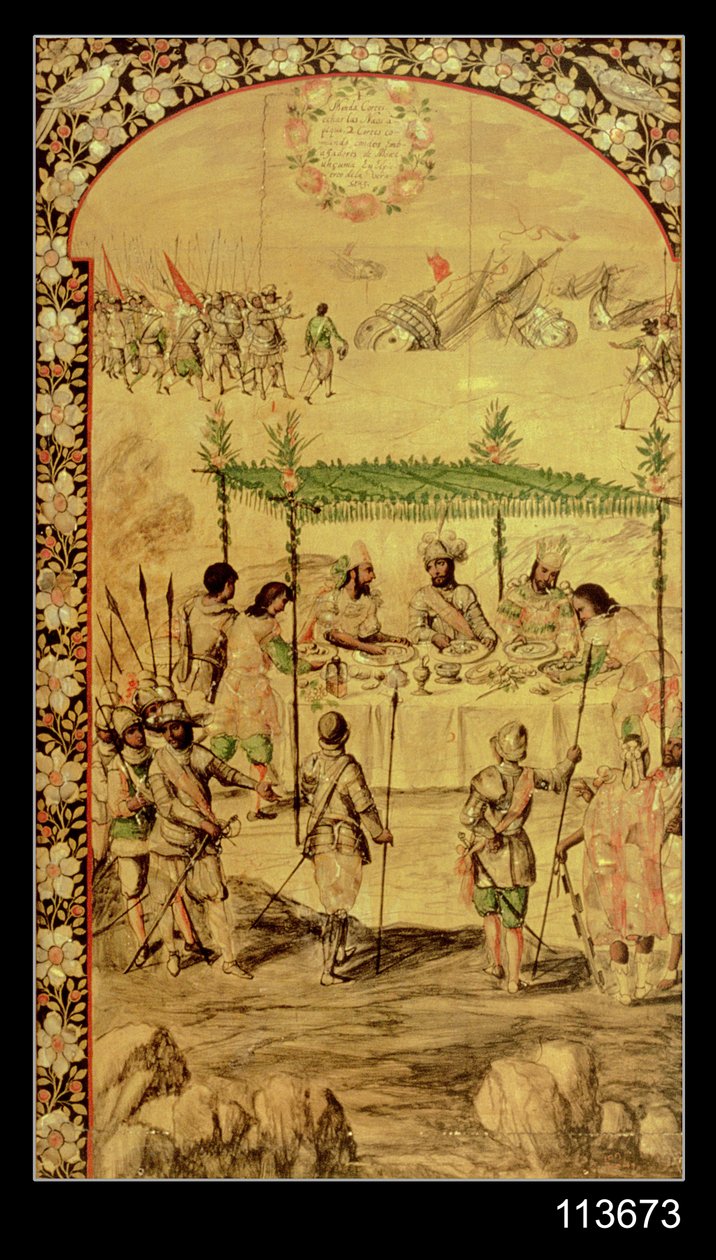 征服墨西哥：埃尔南多·科尔特斯 (1485-1547) 下令销毁船只并于 1520 年会见蒙特祖玛 (1466-1520) 大使 作者 米格尔和胡安·冈萨雷斯