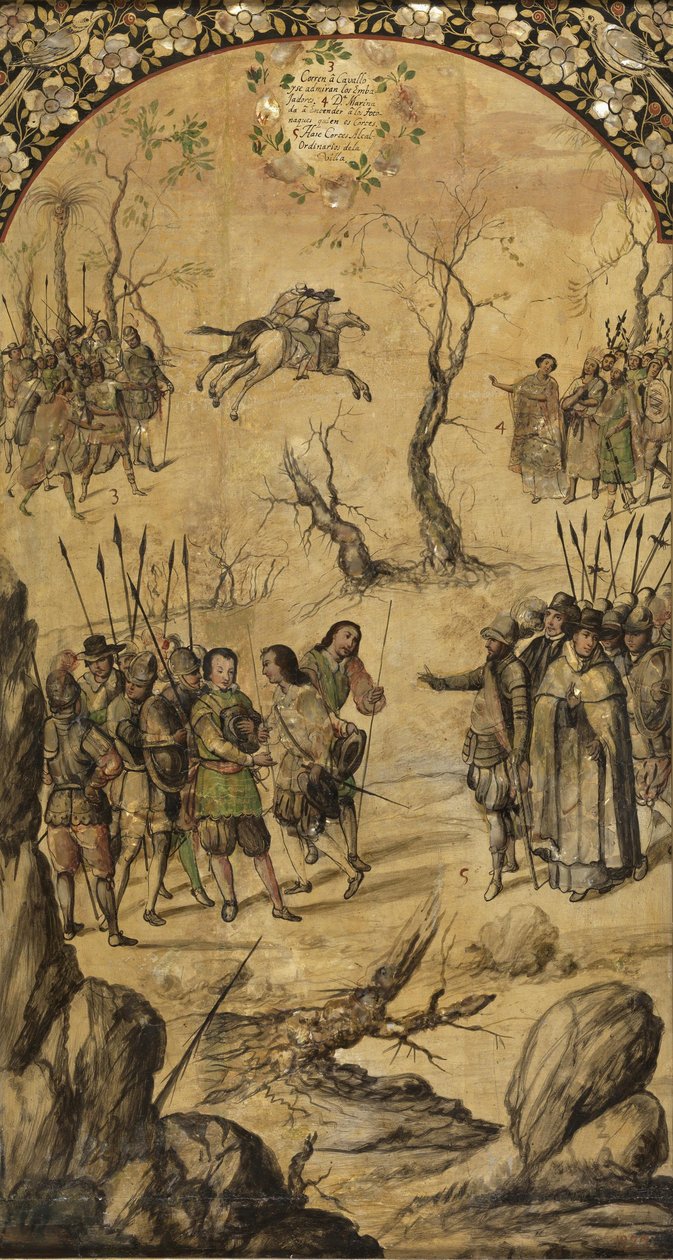 Hernan Cortes par Gonzalez、Miguel 和 Juan 对墨西哥的征服（活跃于 17 世纪末）。 木头油彩，尺寸：97x53 作者 米格尔和胡安·冈萨雷斯