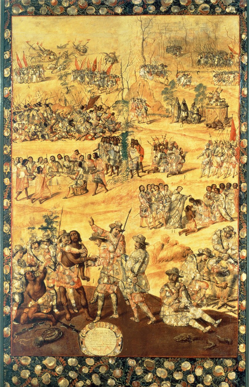 埃尔南多·科尔特斯（Hernando Cortes，1485-1547 年）和蒙特祖玛（Montezuma，1466-1520 年）之间的相遇，来自征服墨西哥的面板 作者 米格尔和胡安·冈萨雷斯