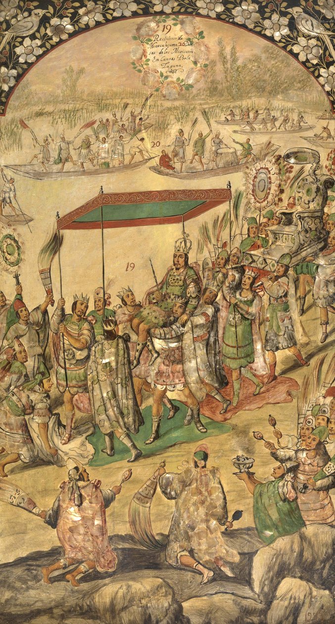 欢迎蒙特祖玛 (Moctezuma, Moteuczoma, Motecuhzoma)(1466-1520) - Hernan Cortes par Gonzalez, Miguel 和 Juan 征服墨西哥（活跃于 17 世纪末）。 木头油彩，尺寸：97x53 作者 米格尔和胡安·冈萨雷斯