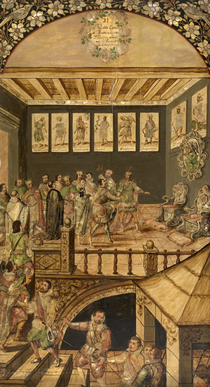 the Visit of Hernando Cortes (1485-1547) to Montezuma (Moctezuma, Moteuczoma, Motecuhzoma) (1466-1520) in 1520 - The Conquest of Mexico by Hernan Cortes par Gonzalez, Miguel and Juan (active End of 17th cen.). Oil on wood, size : 97x53 作者 米格尔和胡安·冈萨雷斯